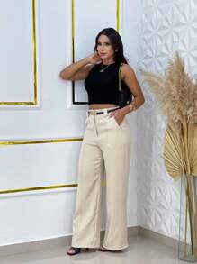 Wide Leg Tailored Dress Pants With Thin Belt - 奶油色 - 查看 5