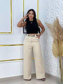 Wide Leg Tailored Dress Pants With Thin Belt - 奶油色 - 查看 4