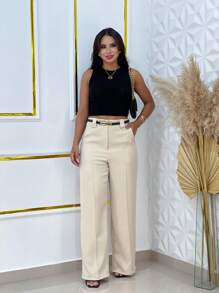 Wide Leg Tailored Dress Pants With Thin Belt - 奶油色 - 查看 1