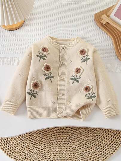 Young Girl 3D Mini Flower Cardigan, Cute Early Spring Knitted Outerwear Sweater For Young Girl, Young Girl Clothing