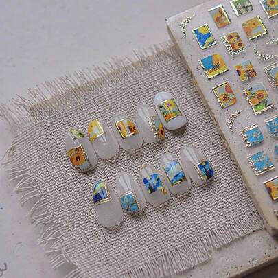 1 miếng dán móng tay dập nổi hình hoa hướng dương và bầu trời sao nhiều màu sắc, đính đá lấp lánh, phụ kiện làm móng DIY, miếng dán móng tay