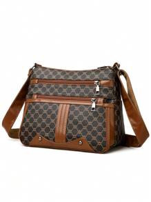 1pc Women Geometric Pattern Soft Leather Crossbody Bag, Middle-Aged Shoulder Bag, New Spring Autumn Design - Brown - View 6