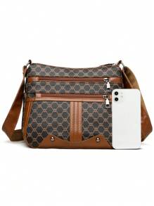 1pc Women Geometric Pattern Soft Leather Crossbody Bag, Middle-Aged Shoulder Bag, New Spring Autumn Design - Brown - View 3