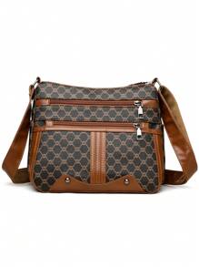 1pc Women Geometric Pattern Soft Leather Crossbody Bag, Middle-Aged Shoulder Bag, New Spring Autumn Design - Brown - View 5