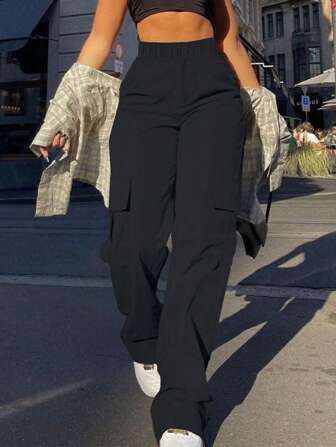 1 件青少年女孩休闲宽松直腿户外工装裤，带口袋，适合上学、运动、春夏秋冬