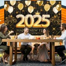 Tło na Sylwestra 2025 - Złoty i czarny balon, dekoracja na imprezę noworoczną, poliestrowa zawieszka ścienna, nie wymaga prądu ani piór, świąteczna dekoracja na przyjęcie