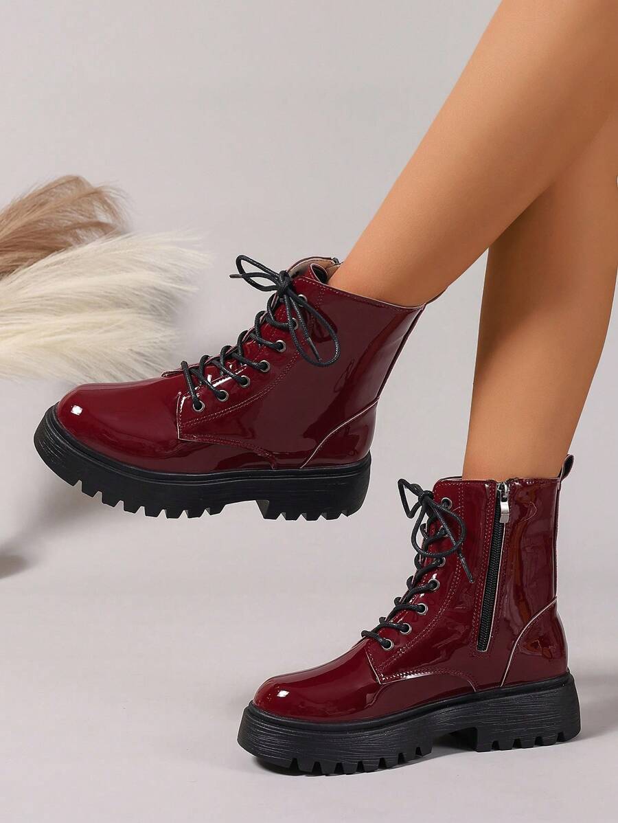Women's Fashionable Versatile Lacquered Leather Soft Comfortable Lace-Up Warm Plush Boots, Available In Beige, White, Blue, Red, Black, Suitable For Spring, Autumn And Winter,Boots For Women - Burgundy - View 1