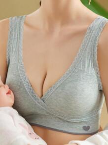 1 pièce Soutien-gorge d'allaitement sans couture avec bordure en dentelle et croisé, vert