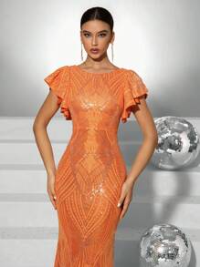 Fuaheng فستان بياقة مدورة وأكمام إنسدالية مع ذيل لامع، فستان سهرة رسمي أنيق للحفلات المسائية، مناسب لحفلات الزفاف، التخرج، وحفلات العشاء