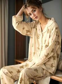 Women's Autumn And Winter Long Sleeved Two-Piece Cardigan Pajamas, Cute Printed Pajamas For Women - 杏色 - 查看 2