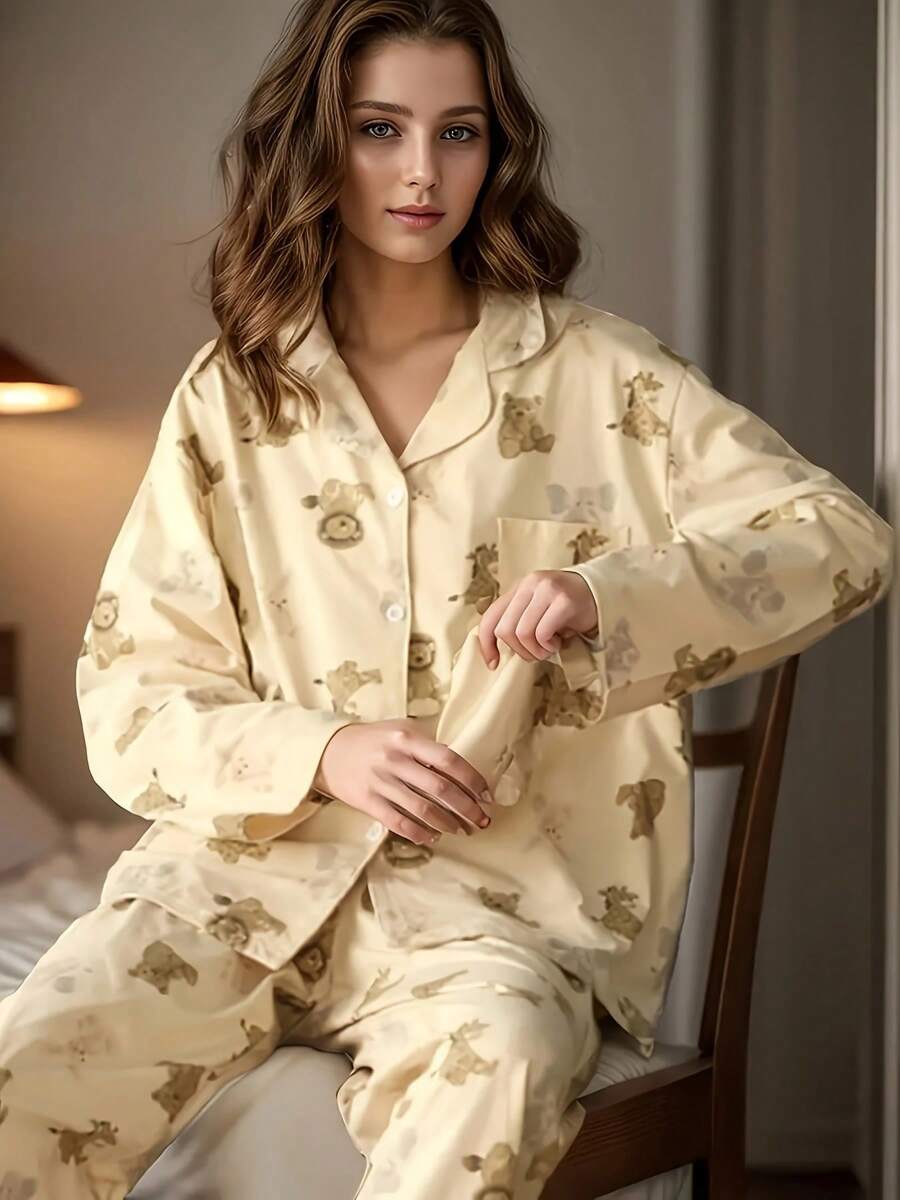 Women's Autumn And Winter Long Sleeved Two-Piece Cardigan Pajamas, Cute Printed Pajamas For Women - 杏色 - 查看 1