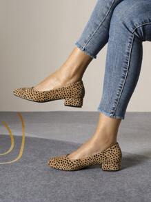 New Polka Dot Thick Heel Slip-On Square Toe Loafers Comfort Casual Flats For Women, Plus Size Low Heel Shoes, Suitable For All Seasons - Brown - View 3