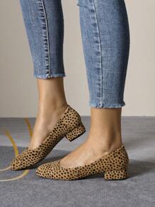 New Polka Dot Thick Heel Slip-On Square Toe Loafers Comfort Casual Flats For Women, Plus Size Low Heel Shoes, Suitable For All Seasons - Brown - View 5