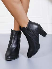 Botas retro para mujer, estilo popular europeo y americano, diseño de doble cremallera, botas de motocicleta de tacón alto de unicolor. Botas de tobillo con tacón grueso de estilo vintage británico, cómodas y de tela. Botas de tacón alto con estilo para otoño/invierno. - Negro - Ver 8
