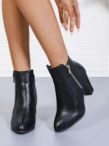 Botas retro para mujer, estilo popular europeo y americano, diseño de doble cremallera, botas de motocicleta de tacón alto de unicolor. Botas de tobillo con tacón grueso de estilo vintage británico, cómodas y de tela. Botas de tacón alto con estilo para otoño/invierno. - Negro - Ver 7