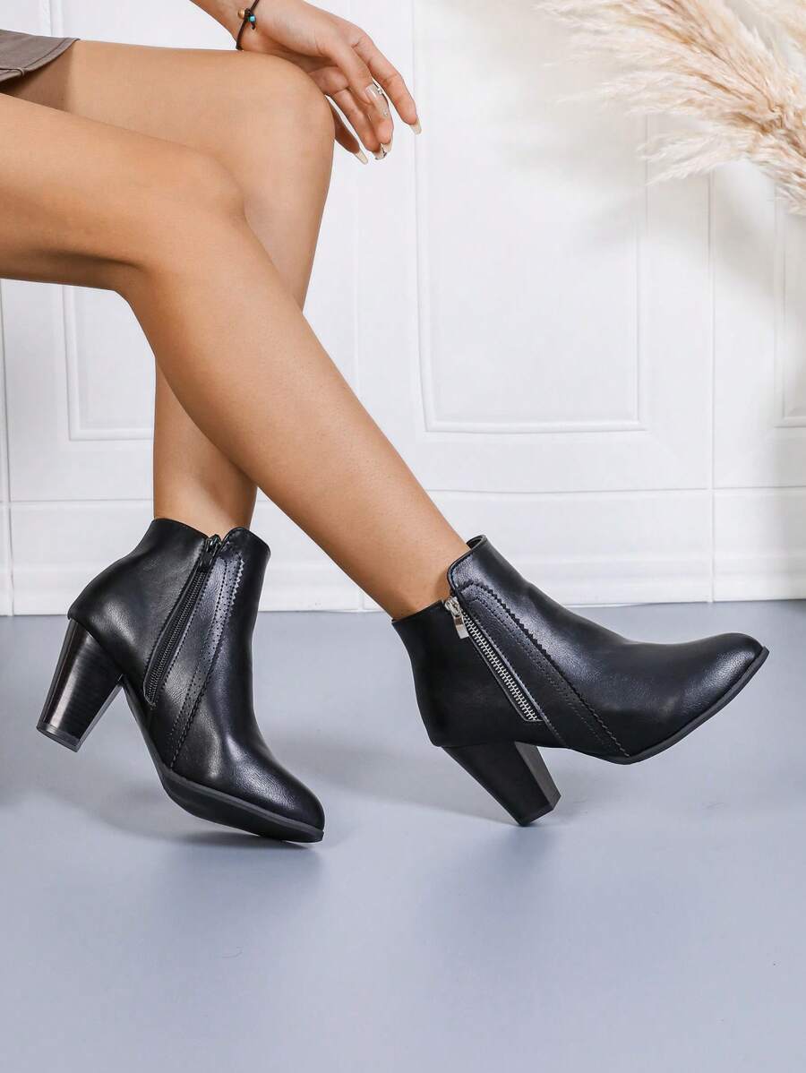 Botas retro para mujer, estilo popular europeo y americano, diseño de doble cremallera, botas de motocicleta de tacón alto de unicolor. Botas de tobillo con tacón grueso de estilo vintage británico, cómodas y de tela. Botas de tacón alto con estilo para otoño/invierno.