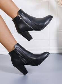Botas retro para mujer, estilo popular europeo y americano, diseño de doble cremallera, botas de motocicleta de tacón alto de unicolor. Botas de tobillo con tacón grueso de estilo vintage británico, cómodas y de tela. Botas de tacón alto con estilo para otoño/invierno. - Negro - Ver 4