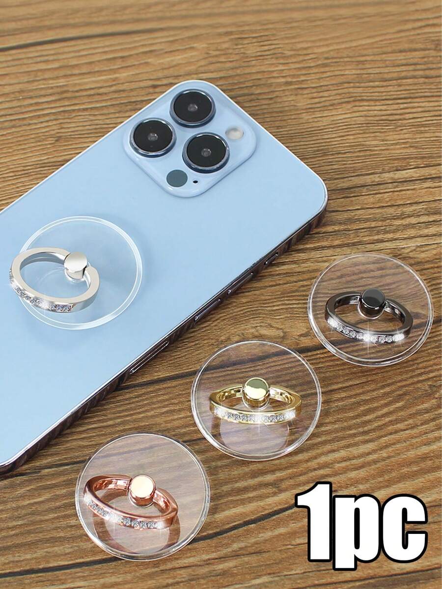 1pc Transparent Rhinestone Circular Ring Phone Holder, Adhesive Slouchy Phone Stand, Multi-Color - Multicolor - View 1