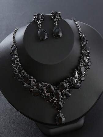 2入組女士誇張鑲嵌鑽石項鍊和耳環套裝,適合作為新娘婚禮晚會晚禮服配飾