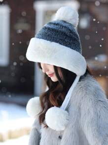 1 件女式流苏针织毛绒绒球帽，温暖厚实的防风护耳帽，可爱的街头服饰优雅复古休闲时尚，适合大头围，适合户外散步、滑雪、骑自行车、旅行、派对和日常使用 - MM1925 - 查看 7