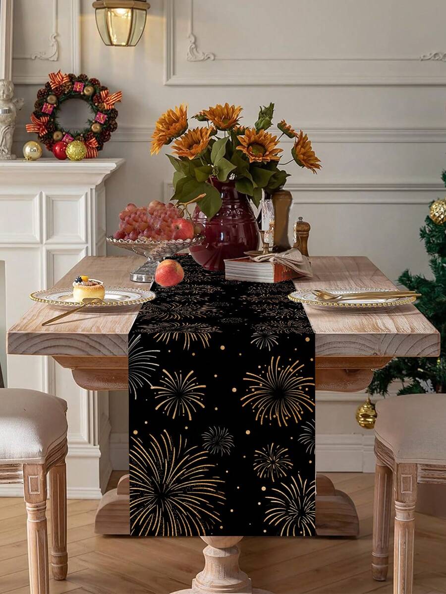 1 件新年主题桌旗，带有烟花元素，“新年快乐”，适合新年派对装饰、室内餐桌装饰 - 彩色 - 查看 1