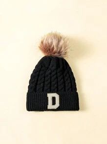 1 件儿童字母设计冬季毛绒球帽 - 黑色 - 查看 58
