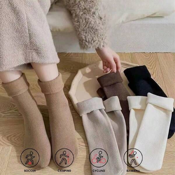 5 pares de meias femininas de pelúcia para inverno, forro de pelúcia confortável, macio, quente e elástico, meias quentes de outono e inverno, meias de chão de cor sólida, presentes para mulheres