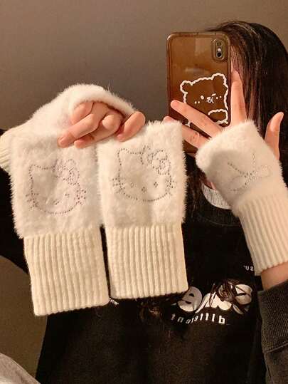 Sanrio 1 Pair Cartoon Highly Attractive Keili Cat Winter Warm Faux Rabbit Fur Cute Student Cycling Five Finger Gloves