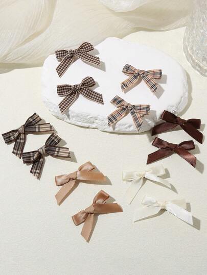 12pcs Solid Color & Plaid Mini Bow Hairclips,Y2K Style Side Clips Suited For Short Bangs & Braids, Women Claw Clips Hair Claws Hair Barrettes, School Stuff, Elegant, College, Winter Outfit For Women, Bows, Cute