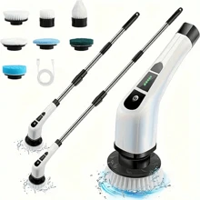 1 Wireless Electric Rotary Cleaner - USB Charging, 7 Replaceable Brush Heads, Dual Speed, Detachable Telescopic Handle, Battery Level Indicator, Suitable For Kitchen/Living Room/Bathroom Cleaning, Lithium Battery Power Supply, Seven In One Household Cleaning Product