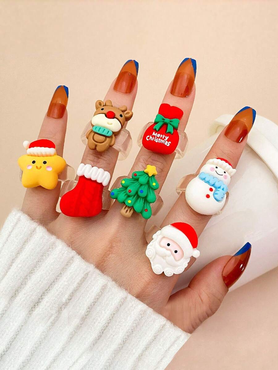 1set Christmas Cartoon Santa Claus, Reindeer, Snowman Design Resin Rings, Versatile Accessory Finger Rings For Women - Multicolor - View 1