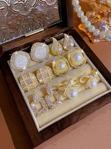 6pcs/Set Fashionable Crystal Bowknot Faux Pearl Teardrop Earrings, Sweet & Versatile For Daily Or Occasions, No Box Valentines - Six-piece Set - View 1