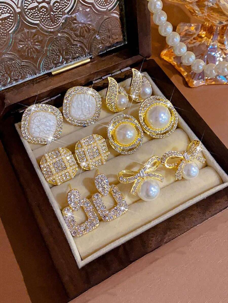 6pcs/Set Fashionable Crystal Bowknot Faux Pearl Teardrop Earrings, Sweet & Versatile For Daily Or Occasions, No Box Valentines - Six-piece Set - View 1