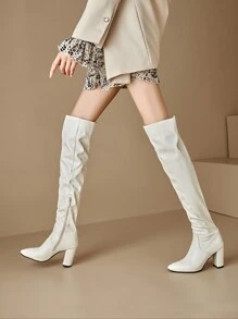 欧美风格过膝长靴，黑色粗高跟侧拉链，性感修身过膝女靴 - 白色 - 查看 5