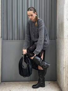 女士新款秋冬圆领扭纹罗纹长袖针织毛衣宽松街头休闲风百搭毛衣套头衫 - 黑色 - 查看 5