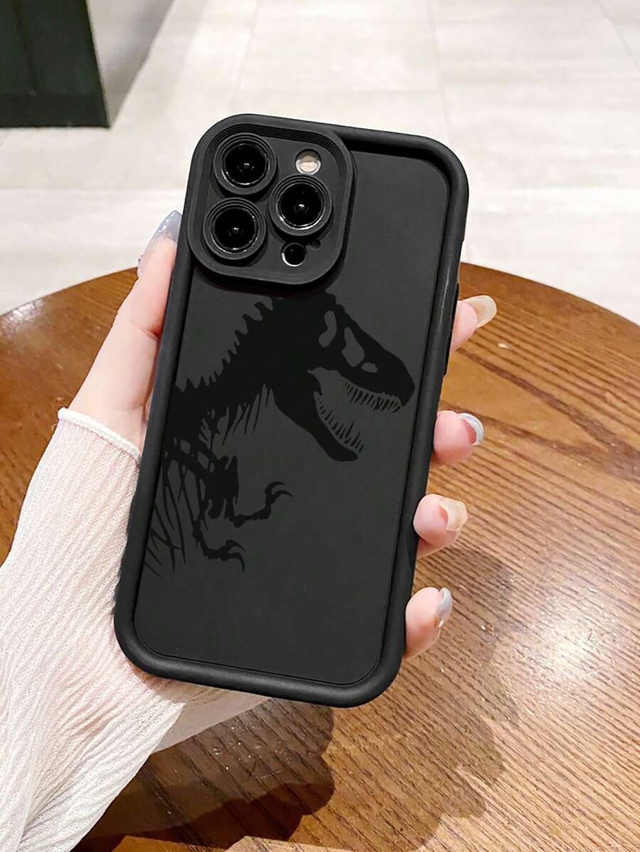 1pc Skull & Dinosaur Anti-Drop Protective Phone Case Compatible With Apple///Galaxy/Infinix/Redmi/OPPO/VIVO/Realme//Honor/OnePlus Waterproof Shockproof Scratch Resistant - Black - View 1