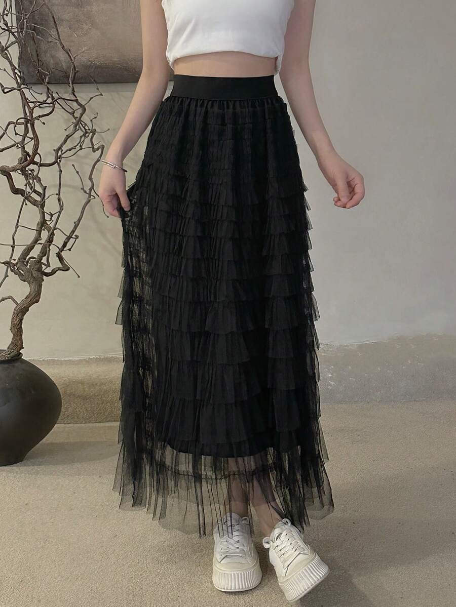 高腰A字网纱层叠蛋糕设计半身裙，优雅甜美中长薄纱半身裙，女士休闲装 - 黑色 - 查看 1