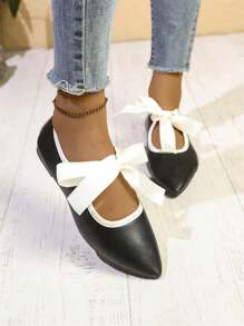 女士新款低跟尖头芭蕾平底鞋，优雅系带休闲鞋，适合所有季节 - 黑色 - 查看 2