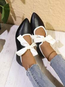 女士新款低跟尖头芭蕾平底鞋，优雅系带休闲鞋，适合所有季节 - 黑色 - 查看 4