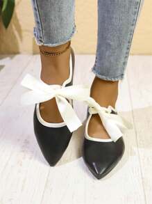 女士新款低跟尖头芭蕾平底鞋，优雅系带休闲鞋，适合所有季节 - 黑色 - 查看 3