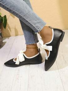 女士新款低跟尖头芭蕾平底鞋，优雅系带休闲鞋，适合所有季节 - 黑色 - 查看 5