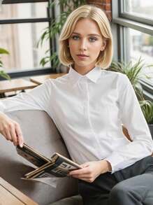 Women White Formal Blouse With Hidden Buttons, Long Sleeve Fitted Work Shirt, Office Lady Wear - White - View 5