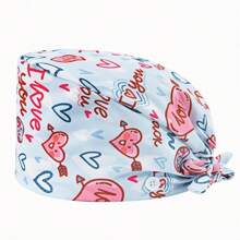 1 pieza Gorro de enfermera con estampado de carta de amor de poliéster para mujeres, antibacteriano y antipolvo, diseño de correa elástica ajustable, banda transpirable interior, gancho para la mascarilla, adecuado para médicos, enfermeras, salón de belleza, veterinaria y trabajadores de limpieza