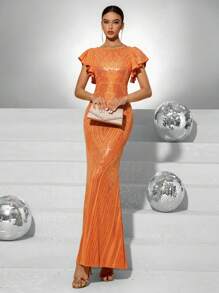 Fuaheng فستان بياقة مدورة وأكمام إنسدالية مع ذيل لامع، فستان سهرة رسمي أنيق للحفلات المسائية، مناسب لحفلات الزفاف، التخرج، وحفلات العشاء