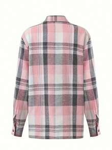 Plus Size Women's Classic Plaid Collar Long Sleeve Shirt - Pink - View 2