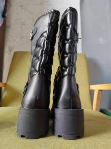 Giày bốt nữ mũi tròn, gót dày, khóa kéo bên hông, họa tiết Argyle, màu đen thanh lịch, cao đến giữa bắp chân, da PU, mùa thu/đông, giày bốt nữ chống trượt thoải mái, họa tiết ngẫu nhiên - màu đen - Xem 3