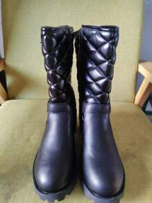 Giày bốt nữ mũi tròn, gót dày, khóa kéo bên hông, họa tiết Argyle, màu đen thanh lịch, cao đến giữa bắp chân, da PU, mùa thu/đông, giày bốt nữ chống trượt thoải mái, họa tiết ngẫu nhiên - màu đen - Xem 1