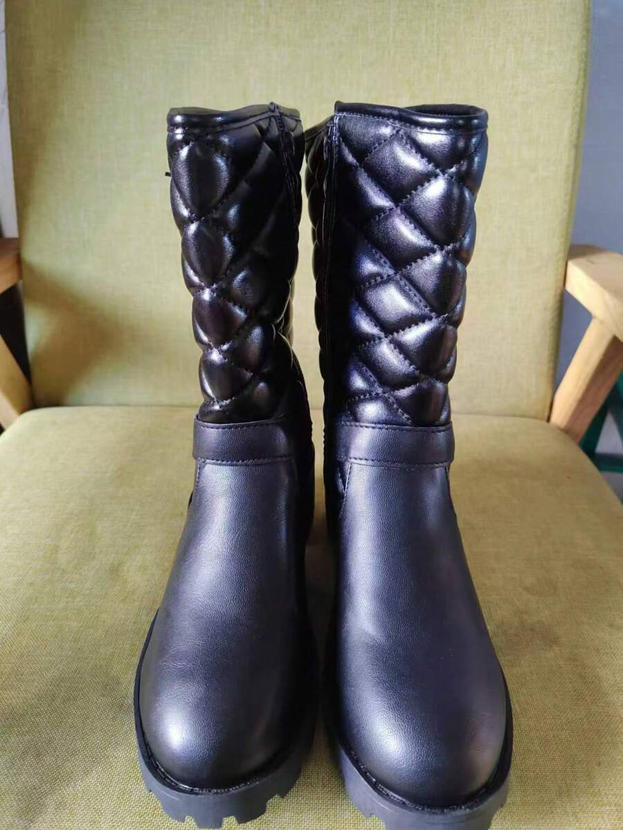 Giày bốt nữ mũi tròn, gót dày, khóa kéo bên hông, họa tiết Argyle, màu đen thanh lịch, cao đến giữa bắp chân, da PU, mùa thu/đông, giày bốt nữ chống trượt thoải mái, họa tiết ngẫu nhiên - màu đen - Xem 1