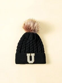 1 件儿童字母设计冬季毛绒球帽 - 黑色 - 查看 51