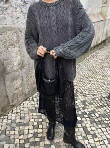 女士新款秋冬圆领扭纹罗纹长袖针织毛衣宽松街头休闲风百搭毛衣套头衫 - 黑色 - 查看 6